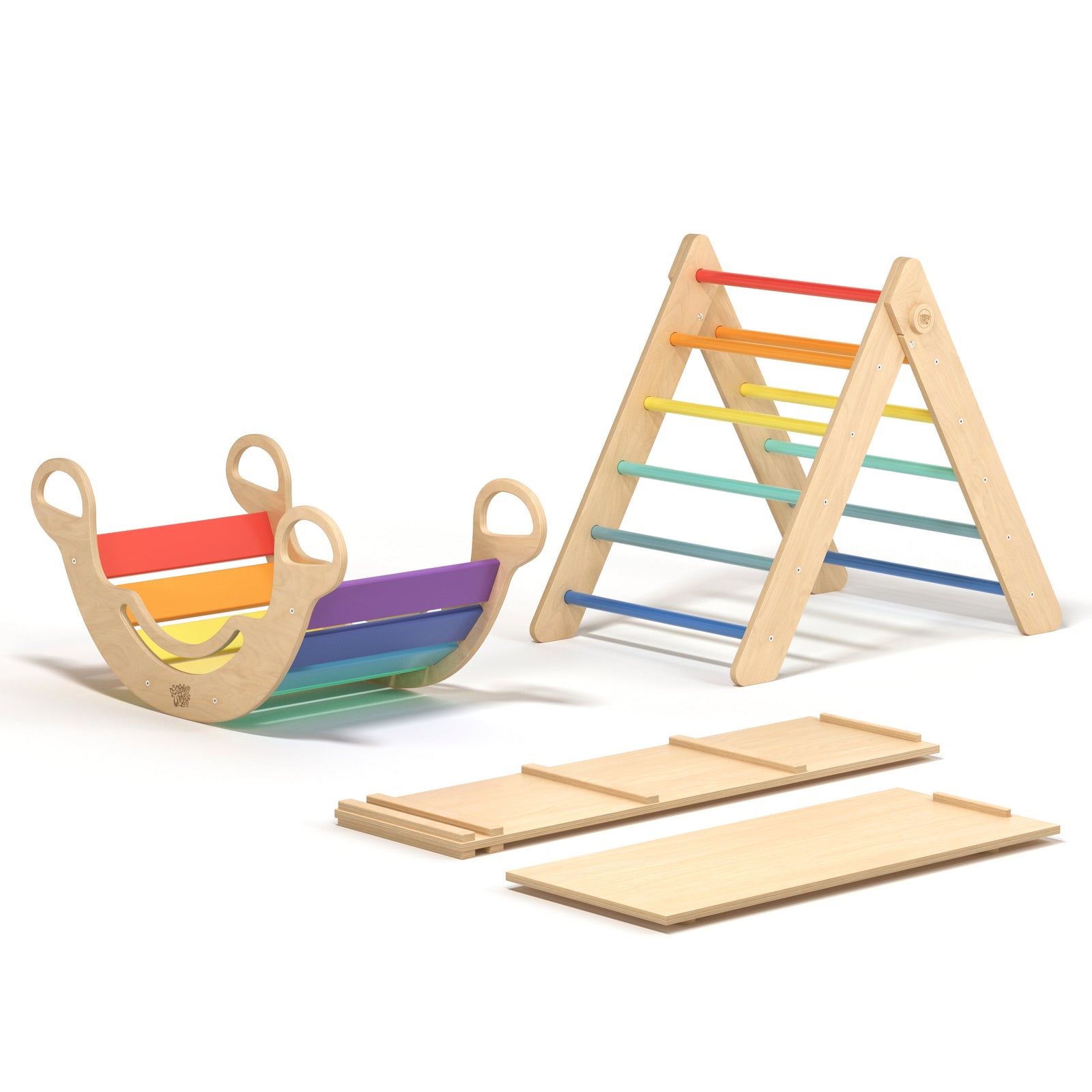 BusyKids Pikler groot set – driehoek, 2 planken & balanswip – regenboog – productbeeld 2