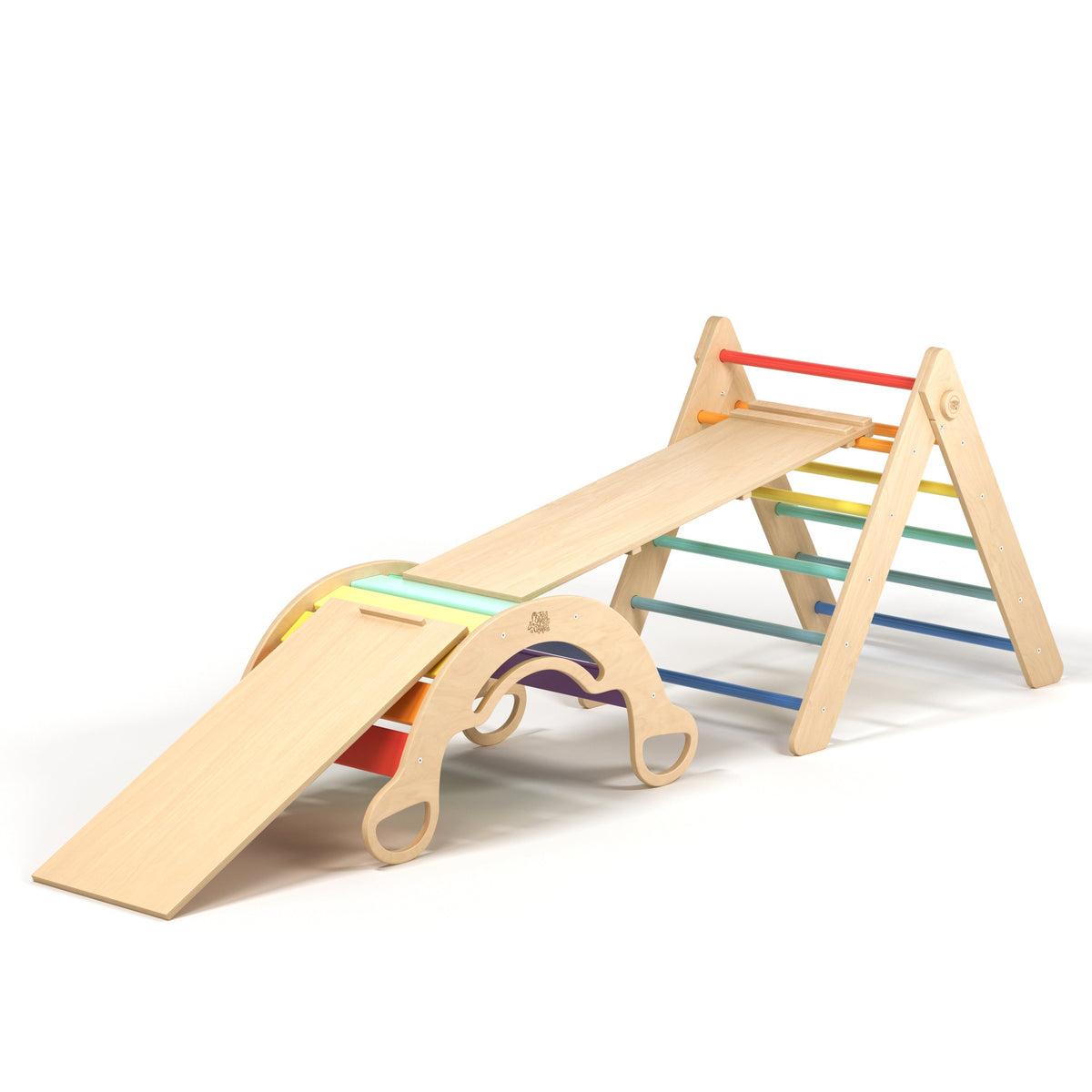 BusyKids Pikler groot set – driehoek, 2 planken &amp; balanswip – regenboog – productbeeld 16