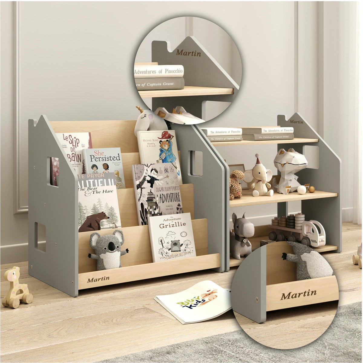 Kind bij BusyKids boekenkast en speelgoedrek set – wit en grijs in de kinderkamer