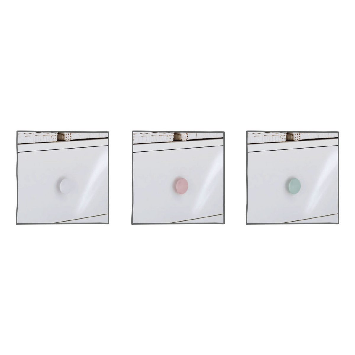 Witte, roze en mintkleurige knoppen voor de Florentina commode