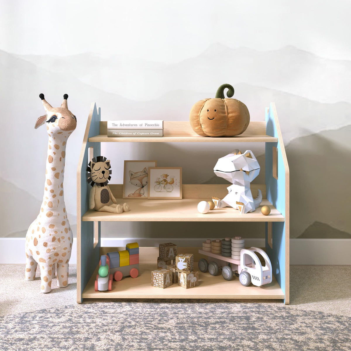 BusyKids boekenkast en speelgoedrek set – zachtblauw/roze