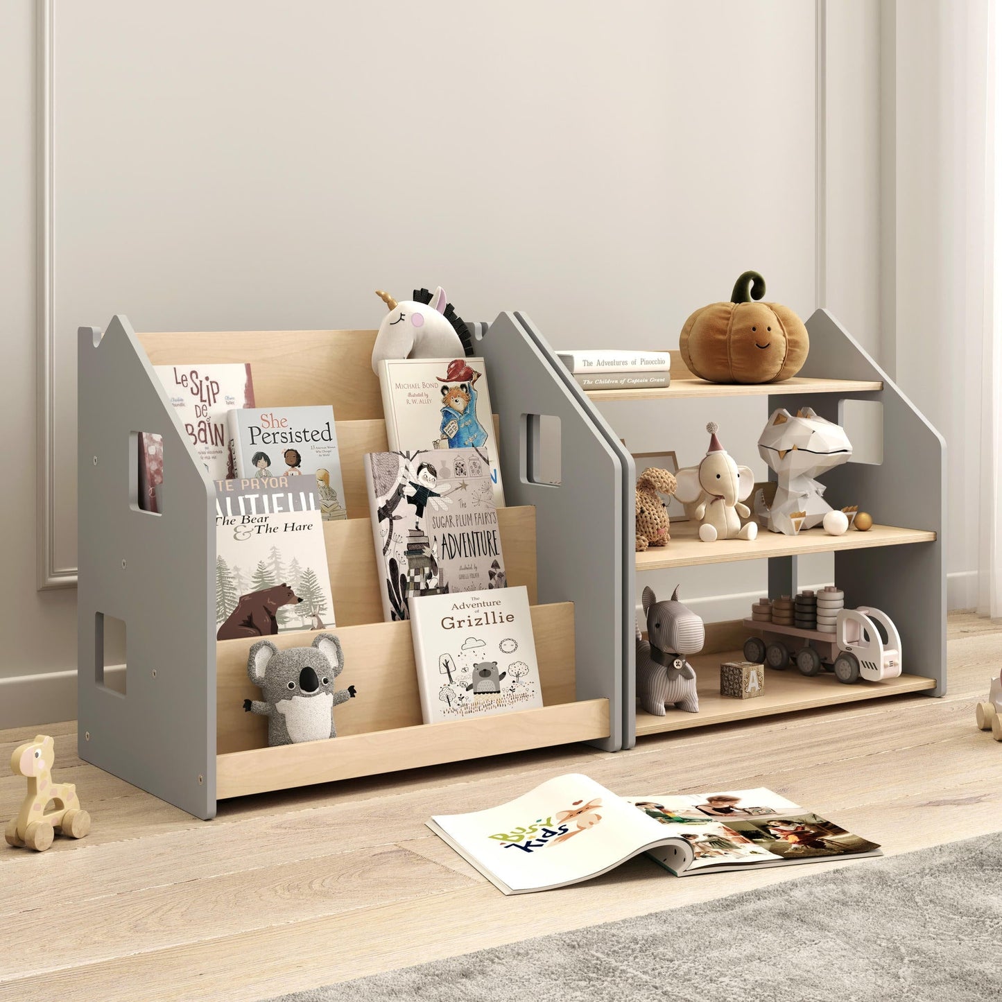 BusyKids boekenkast en speelgoedrek set – grijs