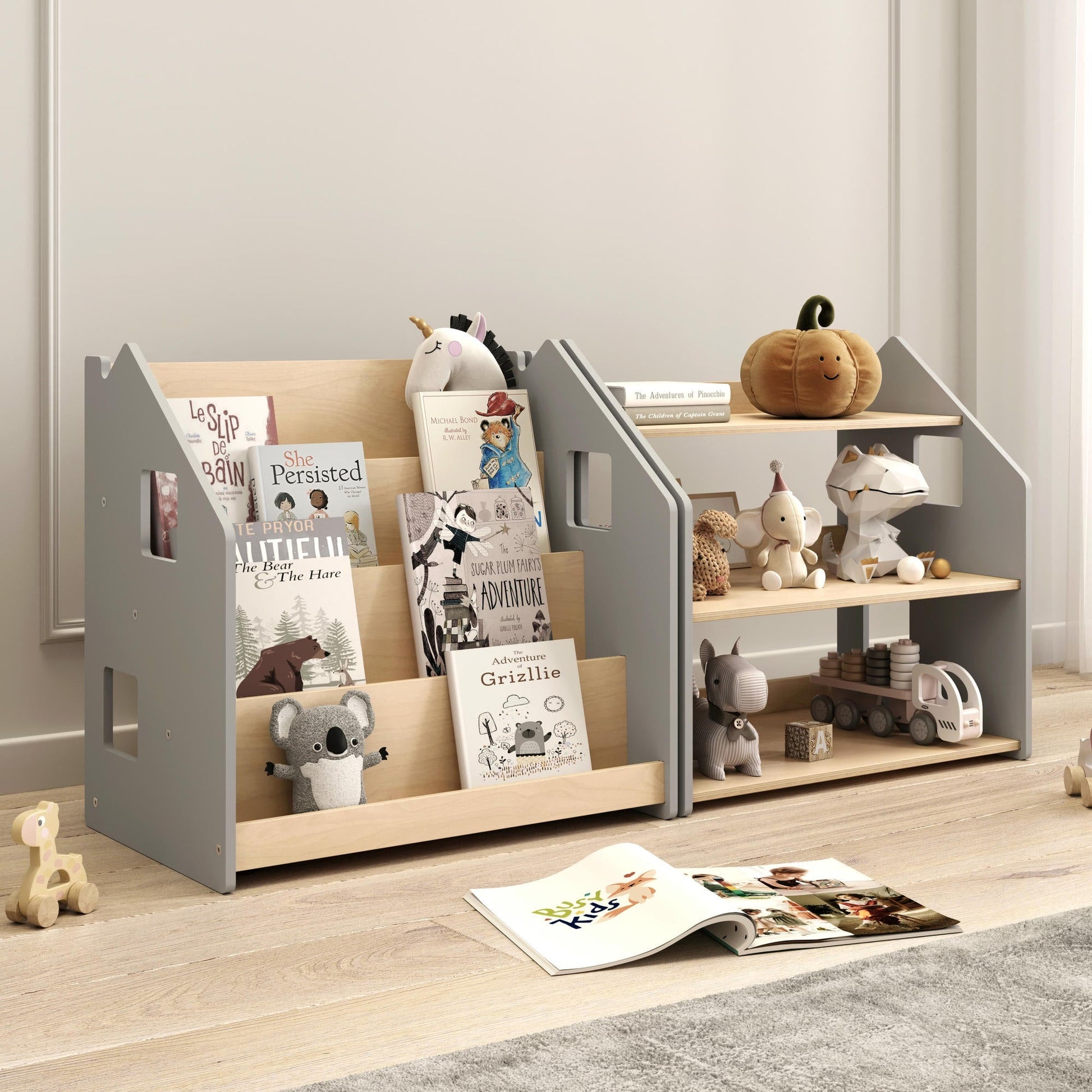 BusyKids boekenkast en speelgoedrek set – grijs