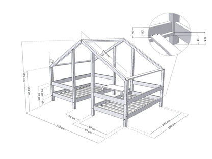 Huisbed Villy - houten kinderbed voor 2 - duo bedhuisje