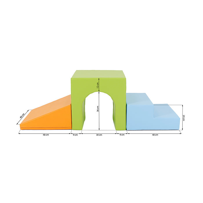 A fun IGLU Soft Play diagram displaying the physical development measurements of a Soft Play Set - Mini Tunnel Climber.