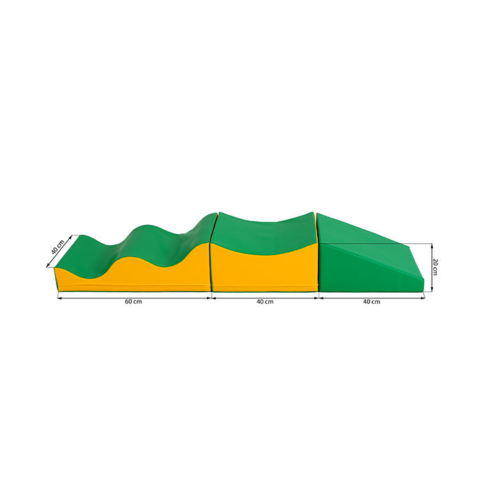 A diagram of a green and yellow Soft Play Set - Wave Venture slide for IGLU Soft Play.