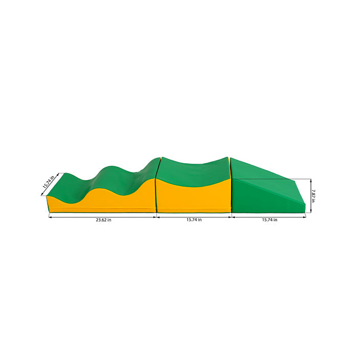 A diagram of a green and yellow Wave Venture slide with soft play waves, from the IGLU Soft Play.