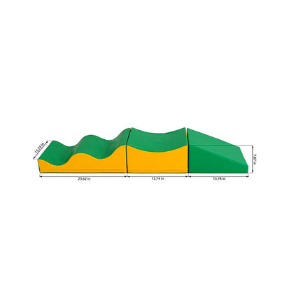 A diagram of a green and yellow Wave Venture slide with soft play waves, from the IGLU Soft Play.