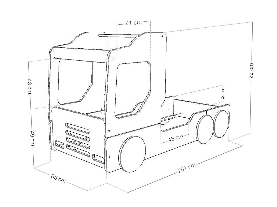 Afmetingen Benlemi TRUCKY autobed 80 × 190 cm