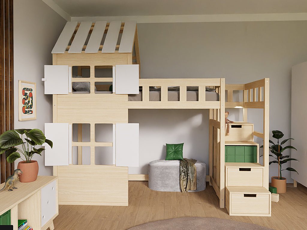 Benlemi COTTAGE hoogslaper met half dak in wit en naturel