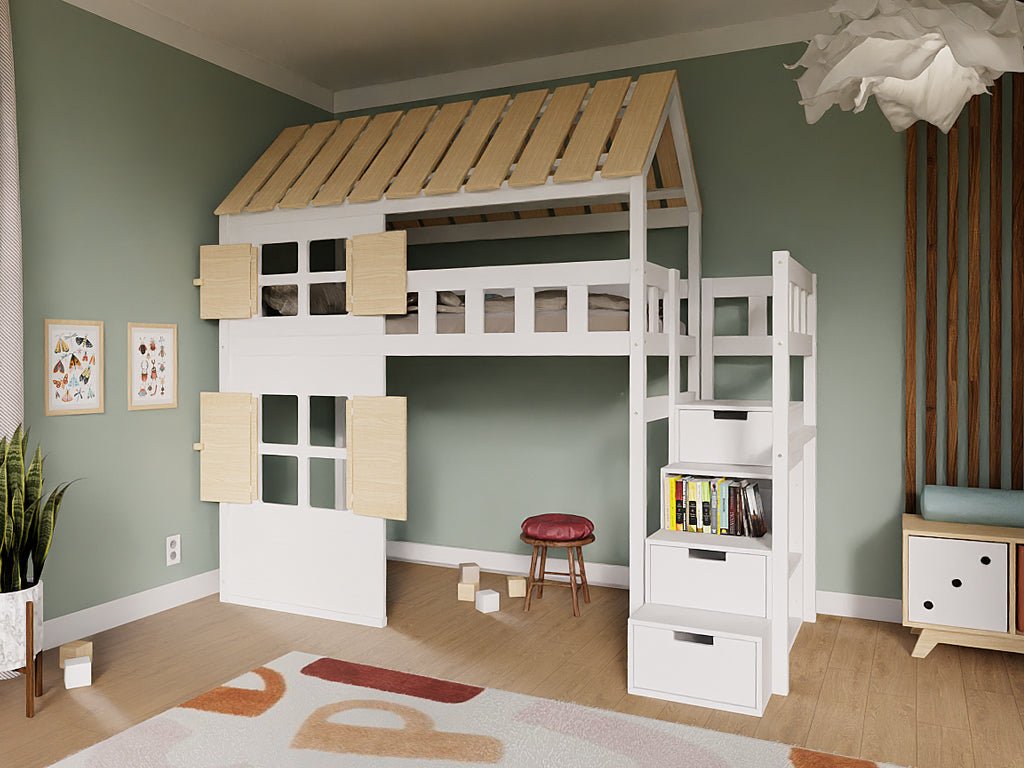 Benlemi COTTAGE erhöhtes Bett 90x200 mit vollem Dach und Stauraumtreppe