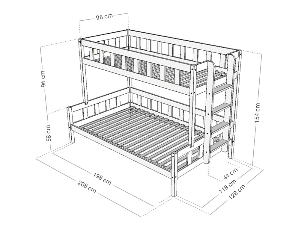 Benlemi Etagenbett PLOTTY — 90×200 / 120×200 mit seitlicher Leiter, Maßzeichnung