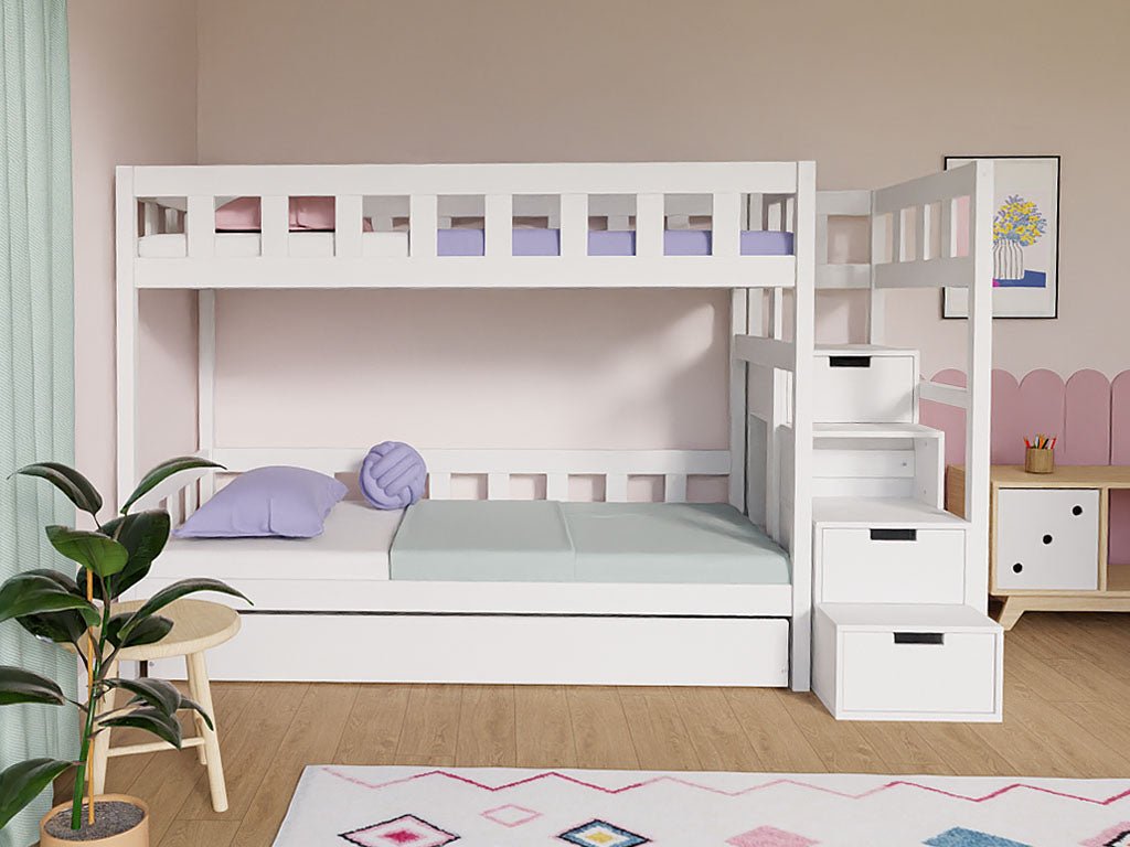 Etagenbett PLOTTY mit Treppe in Weiß, Vorderansicht