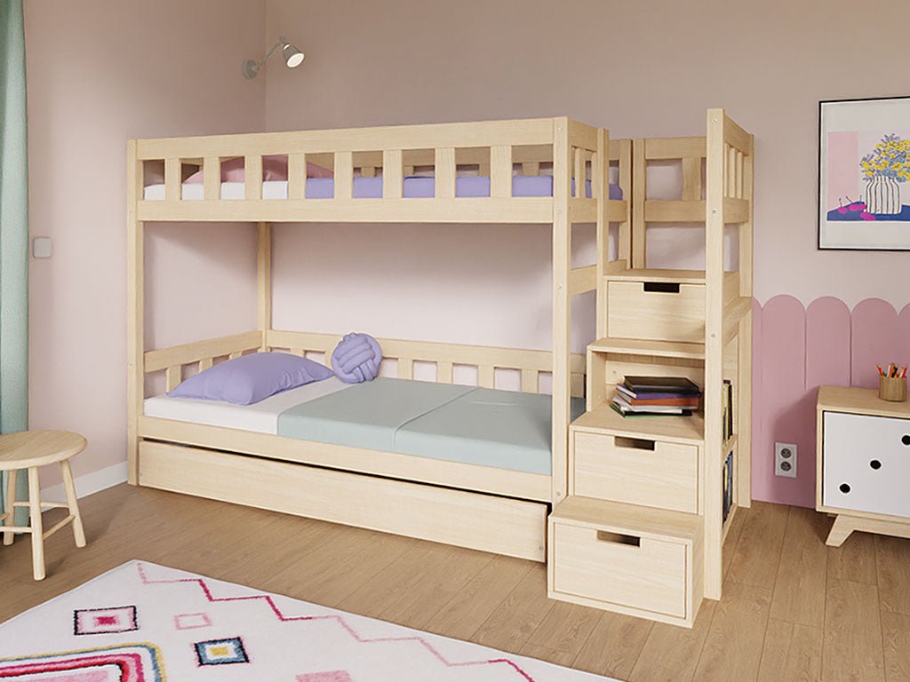 Benlemi Etagenbett PLOTTY mit Stauraumtreppe aus Massivholz 90x200