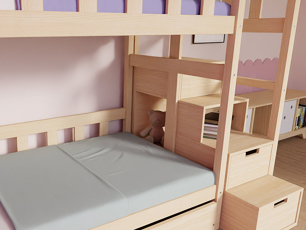 Detail van de opbergtrap van Benlemi COTTAGE stapelbed met half dak