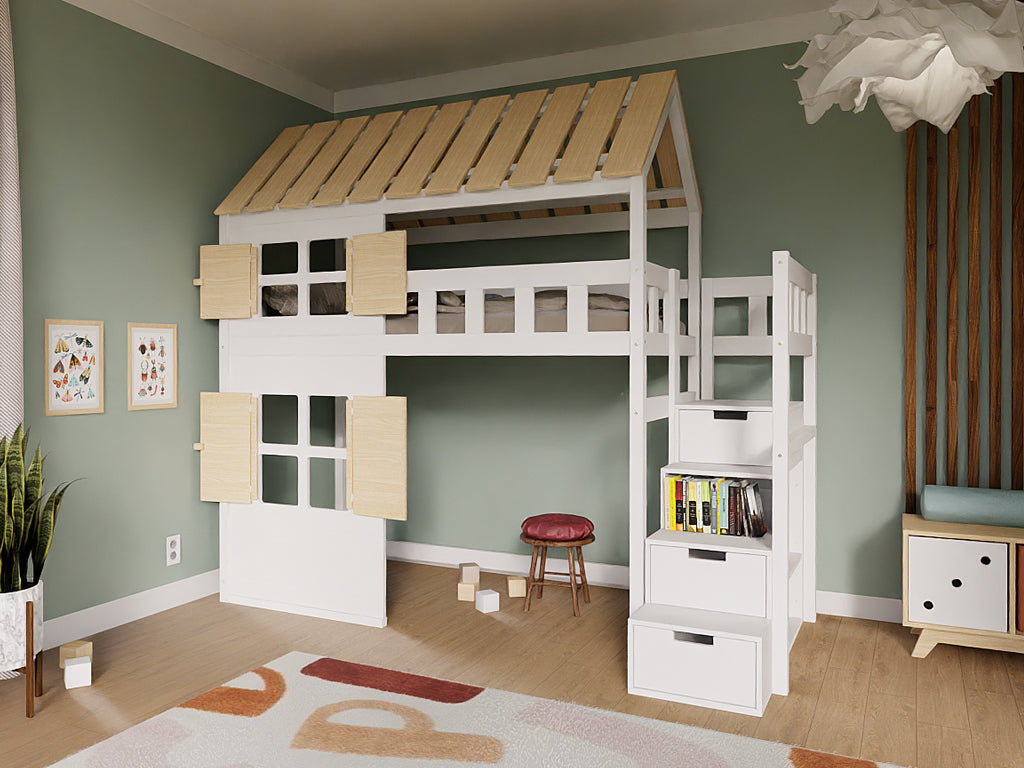 Benlemi COTTAGE verhoogd bed 90x200 met volledig dak en opbergtrap
