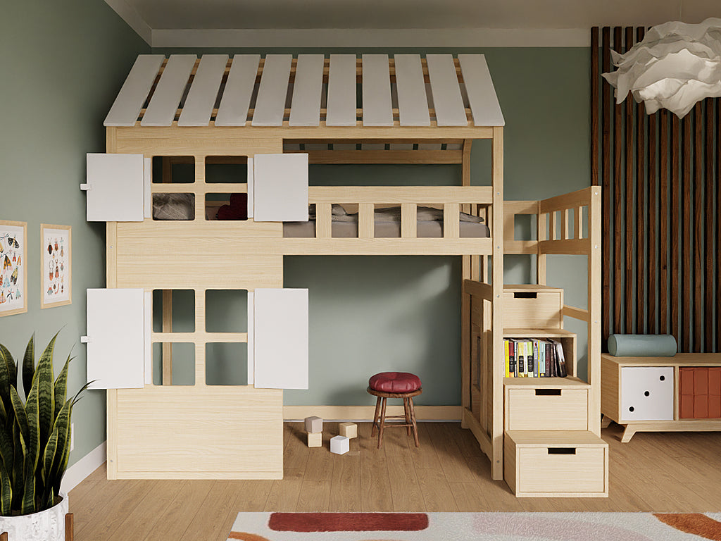 Benlemi COTTAGE verhoogd bed met volledig dak in wit en naturel