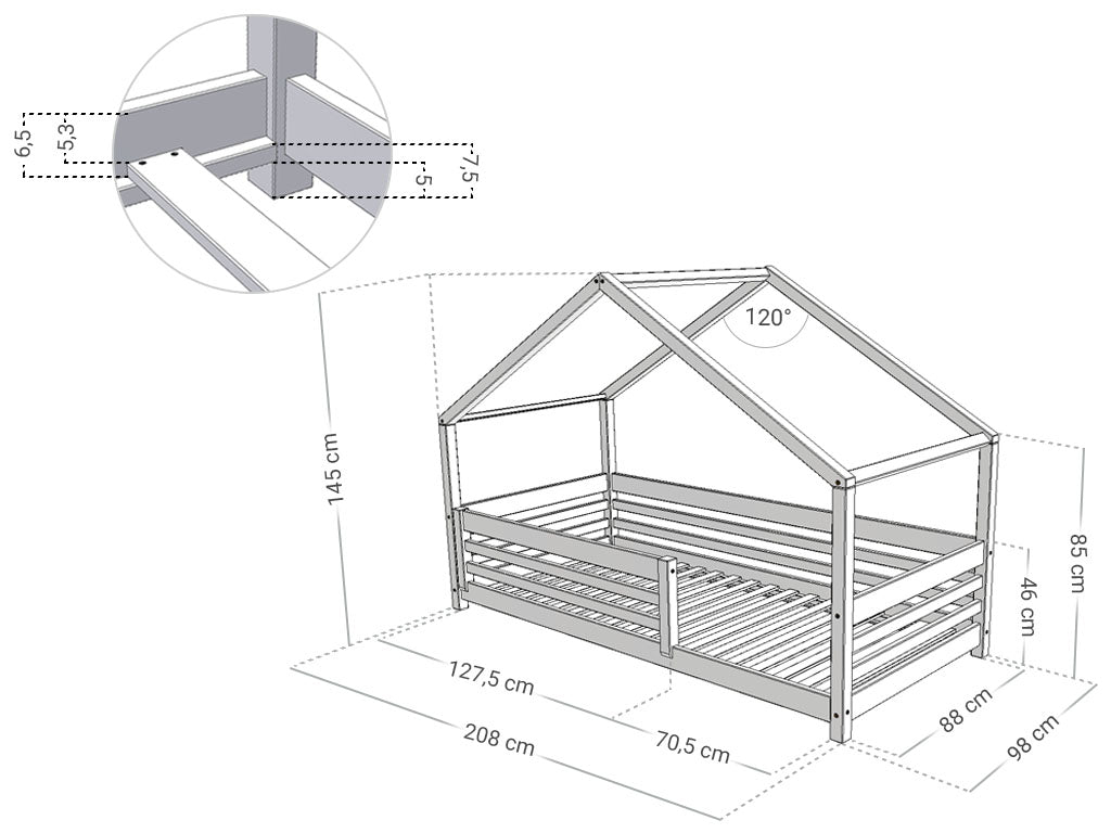 Benlemi Huisbed TULY — voordak met bedhekje maattekening (voorbeeld 90 × 200 cm)