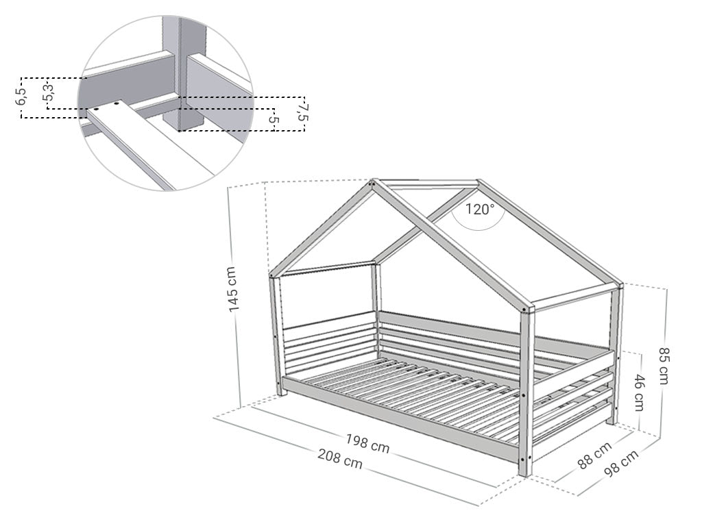 Benlemi Huisbed TULY — voordak met open instap maattekening (voorbeeld 90 × 200 cm)