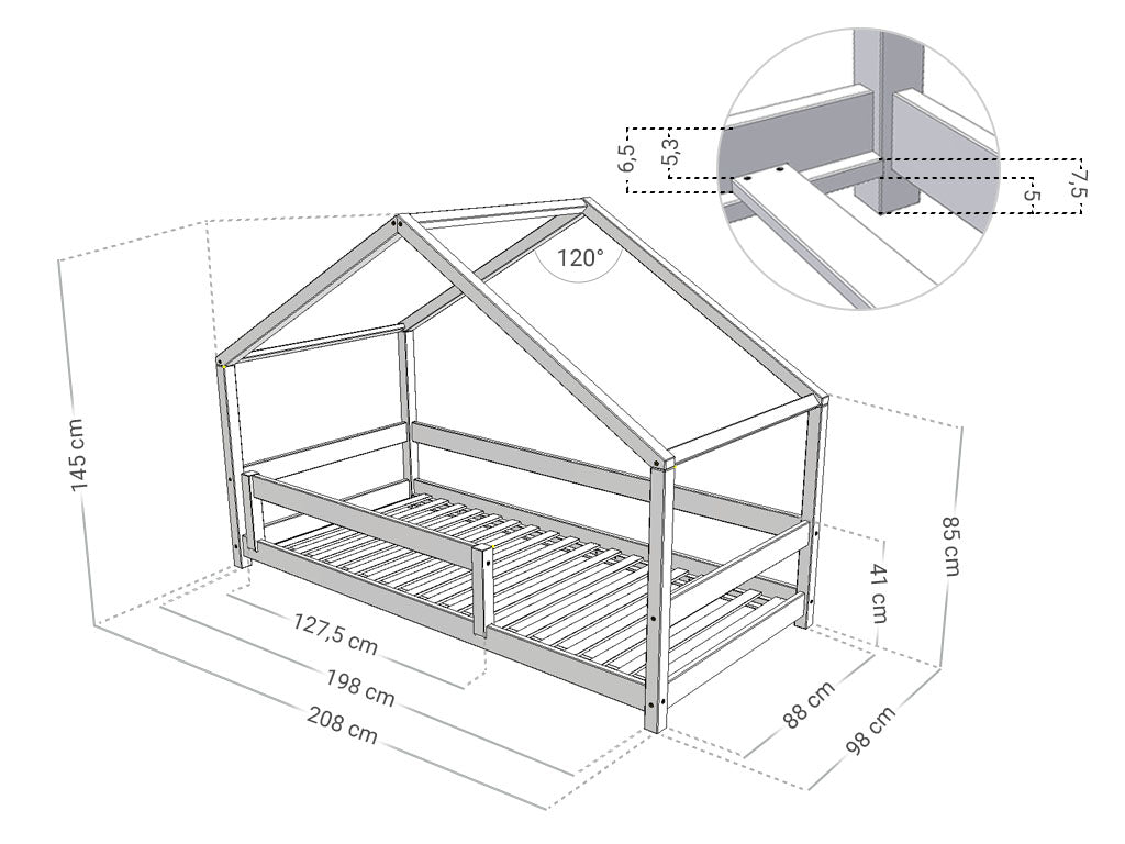 Afmetingen Benlemi LUCKY huisbed met voordak en bedhekje 90x200