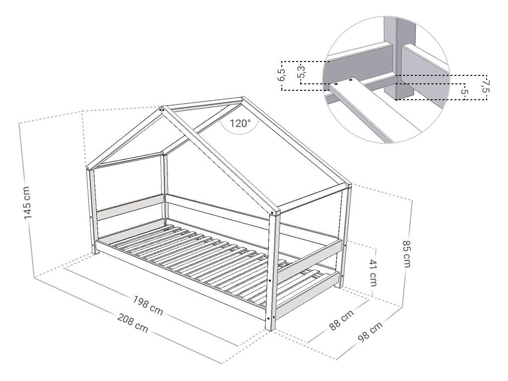 Afmetingen Benlemi LUCKY huisbed met voordak en open instap 90x200