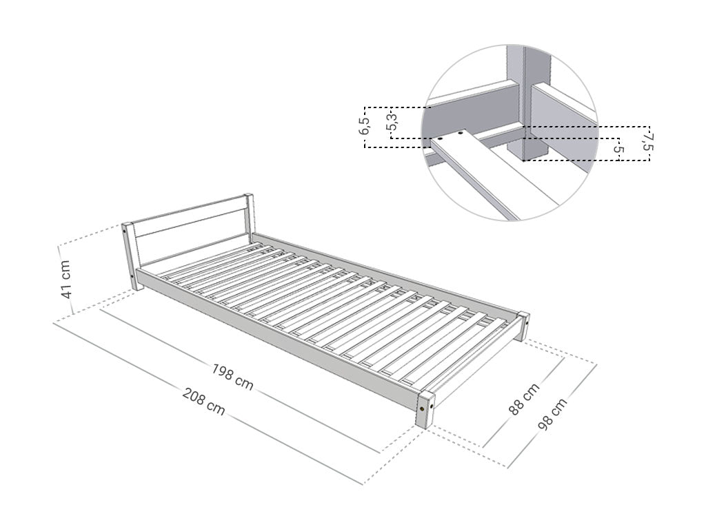 Afmetingen Benlemi LUCKY kinderbed met één hoofdbord 90x200