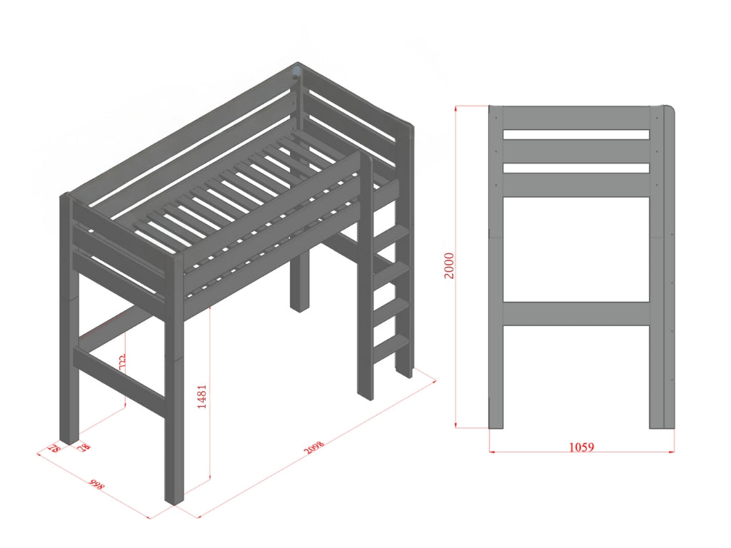 Afmetingen Benlemi MAKALU hoogslaper 90 × 200 cm