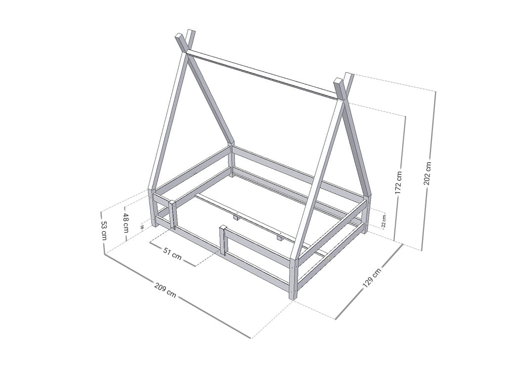 Afmetingen Benlemi NAKANA tipi bed 120 × 200 cm met bedrand