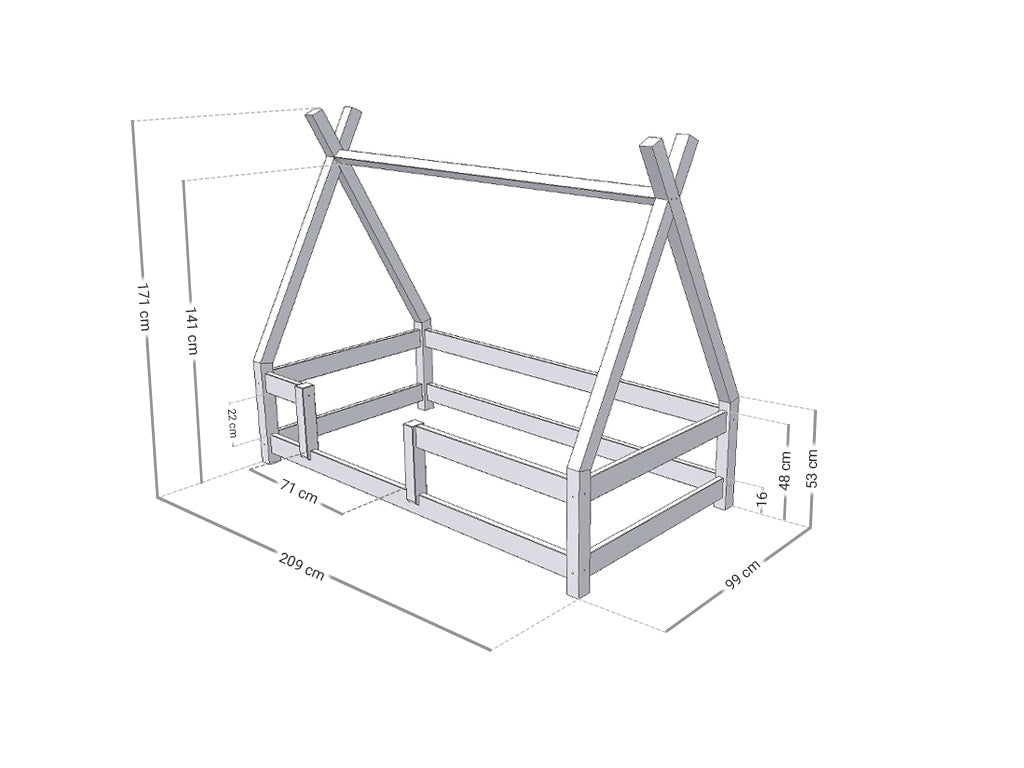 Afmetingen Benlemi NAKANA tipi bed 90 × 200 cm met bedrand