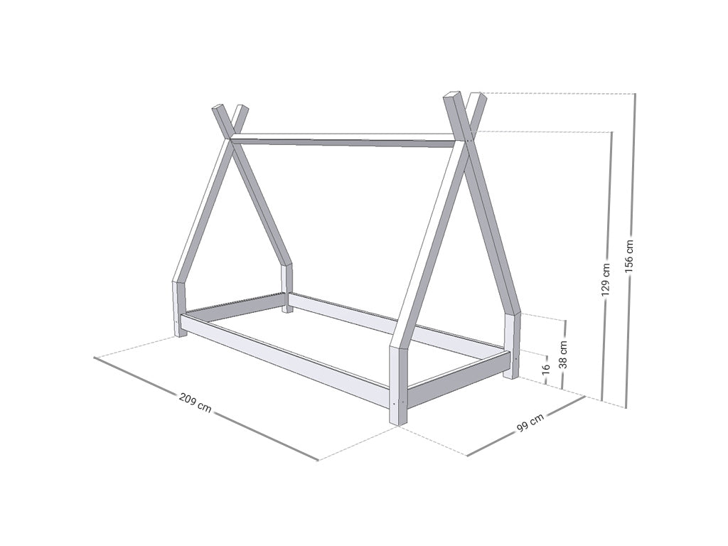 Afmetingen Benlemi NAKANA tipi bed 90 × 200 cm met open instap