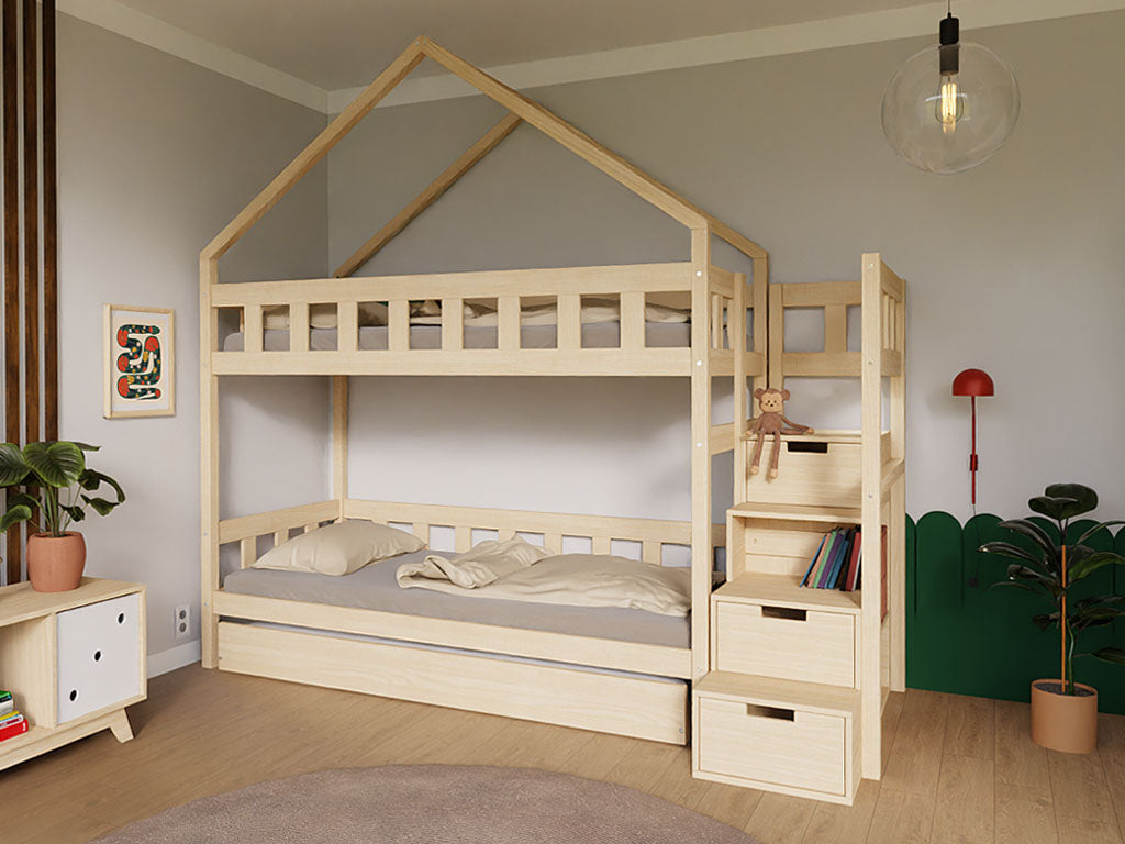 Benlemi Stapelbed PLOTTY — huisvorm met opbergtrap 90×200 productfoto