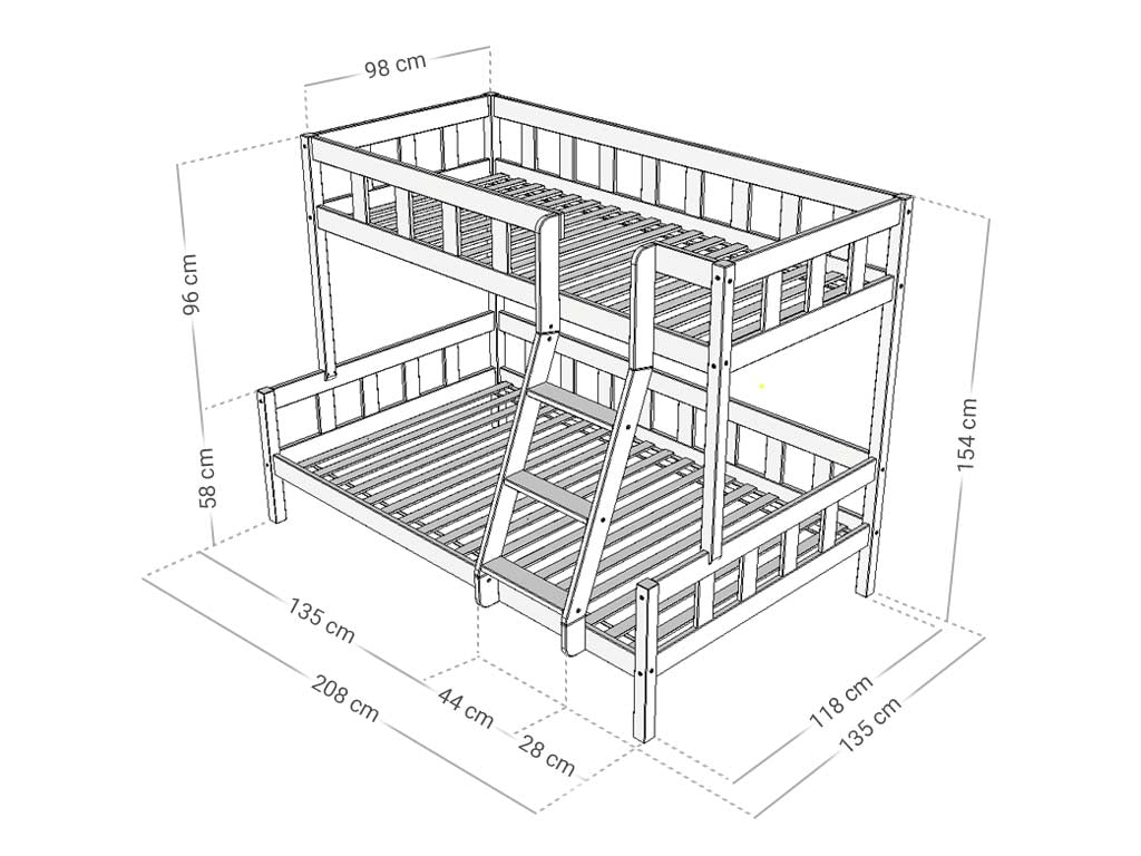 Benlemi Stapelbed PLOTTY — 90×200 / 120×200 met ladder voorzijde maattekening