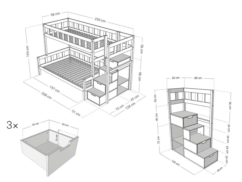 Benlemi Stapelbed PLOTTY — 90×200 / 120×200 met opbergtrap maattekening
