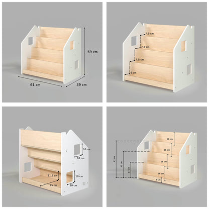 Details en gebruiksmogelijkheden van BusyKids boekenkast en speelgoedrek set – wit en grijs