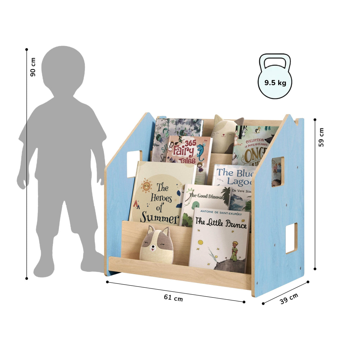 Maatafbeelding van BusyKids Montessori boekenkast – zachtblauw/roze: 61 × 39 × 59 cm