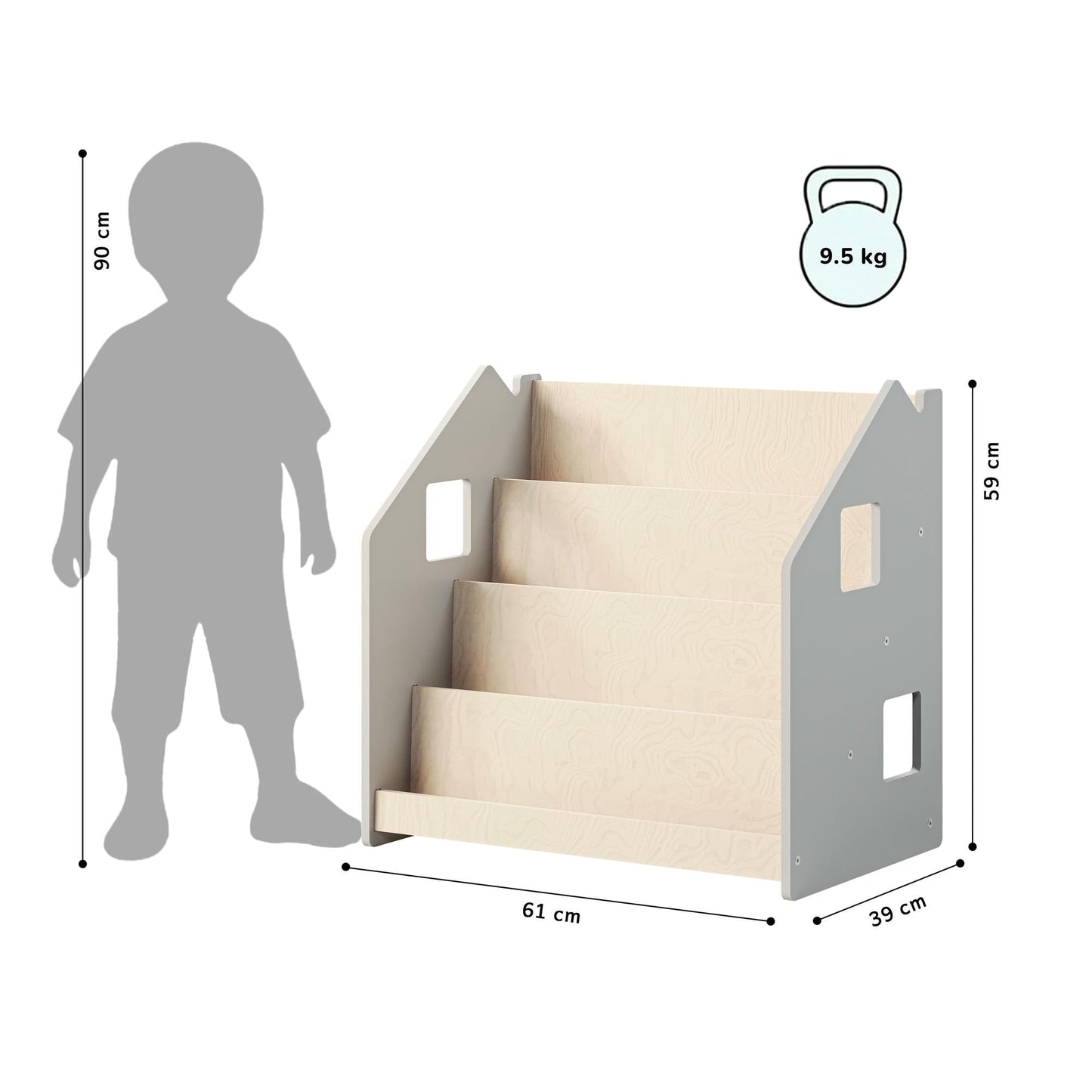 Maatafbeelding van BusyKids Montessori boekenkast – wit en grijs: 61 × 39 × 59 cm