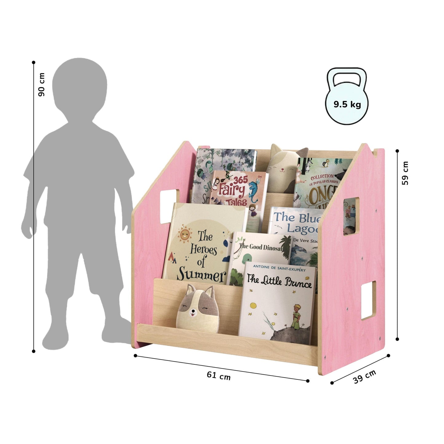 Maatafbeelding van BusyKids Montessori boekenkast – zachtblauw/roze: 61 × 39 × 59 cm