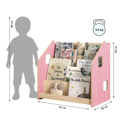Maatafbeelding van BusyKids Montessori boekenkast – zachtblauw/roze: 61 × 39 × 59 cm