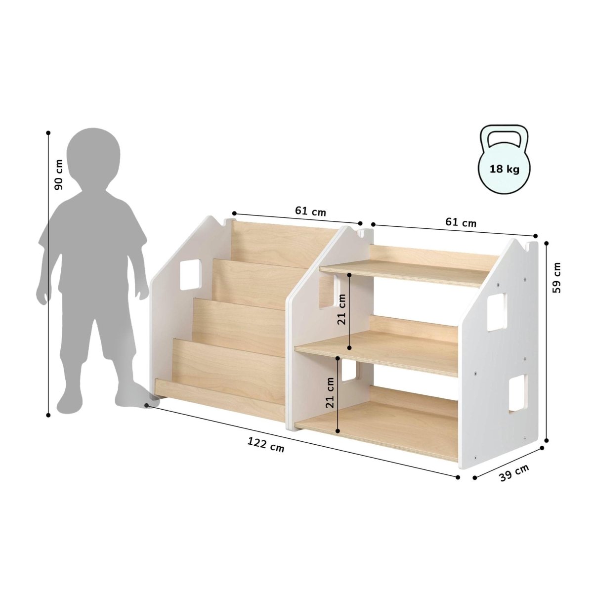 Maßbild BusyKids Set aus Bücherregal und Spielzeugregal – Weiß und Grau: 61 × 39 × 59 cm
