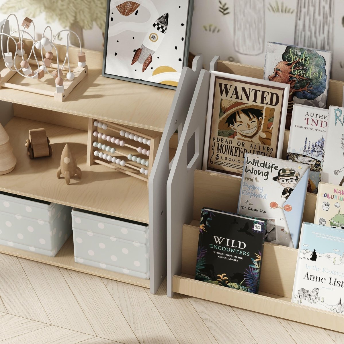 BusyKids Set aus Bücherregal und Spielzeugregal – Grau
