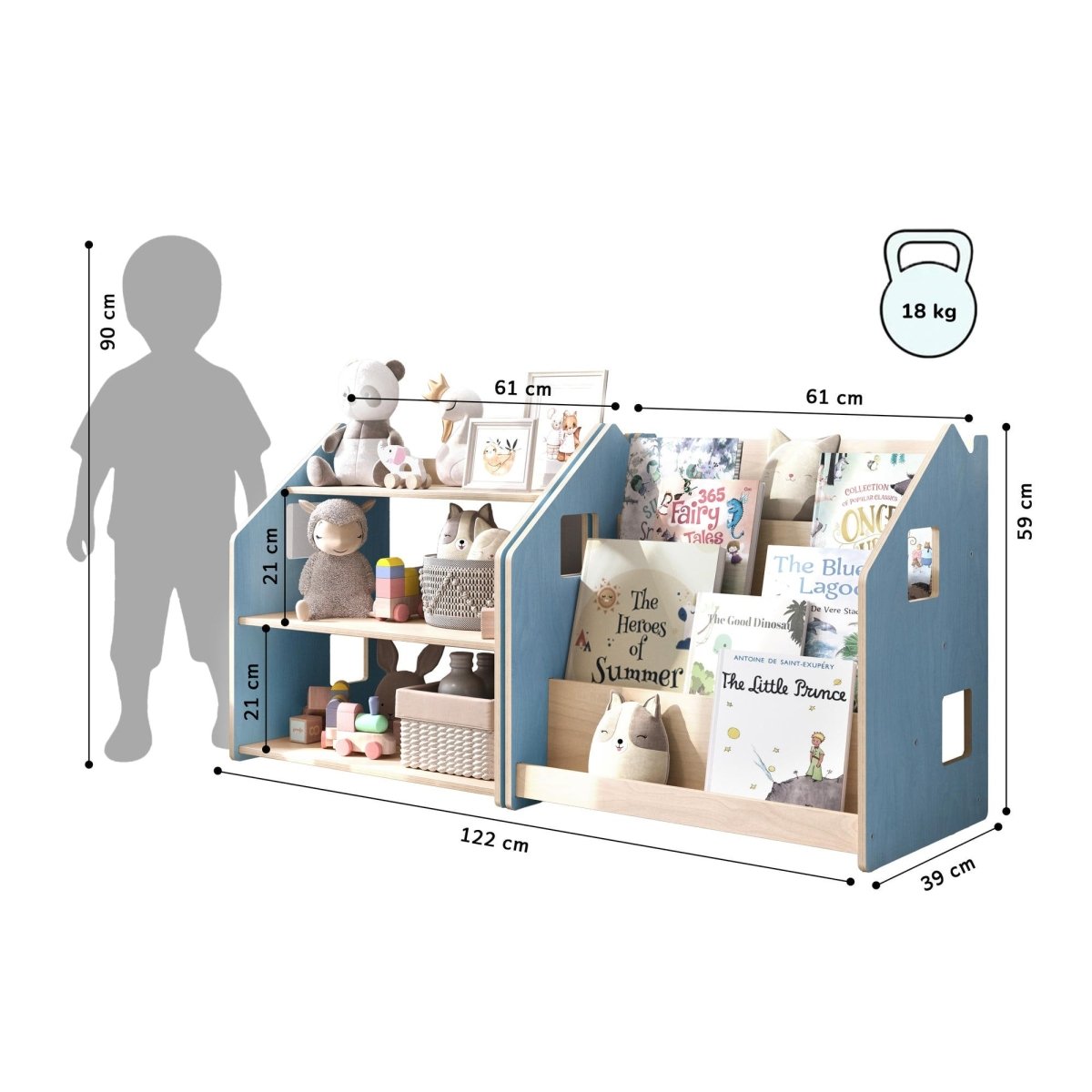 Maßbild BusyKids Set aus Bücherregal und Spielzeugregal – Zartblau/Rosa: 61 × 39 × 59 cm