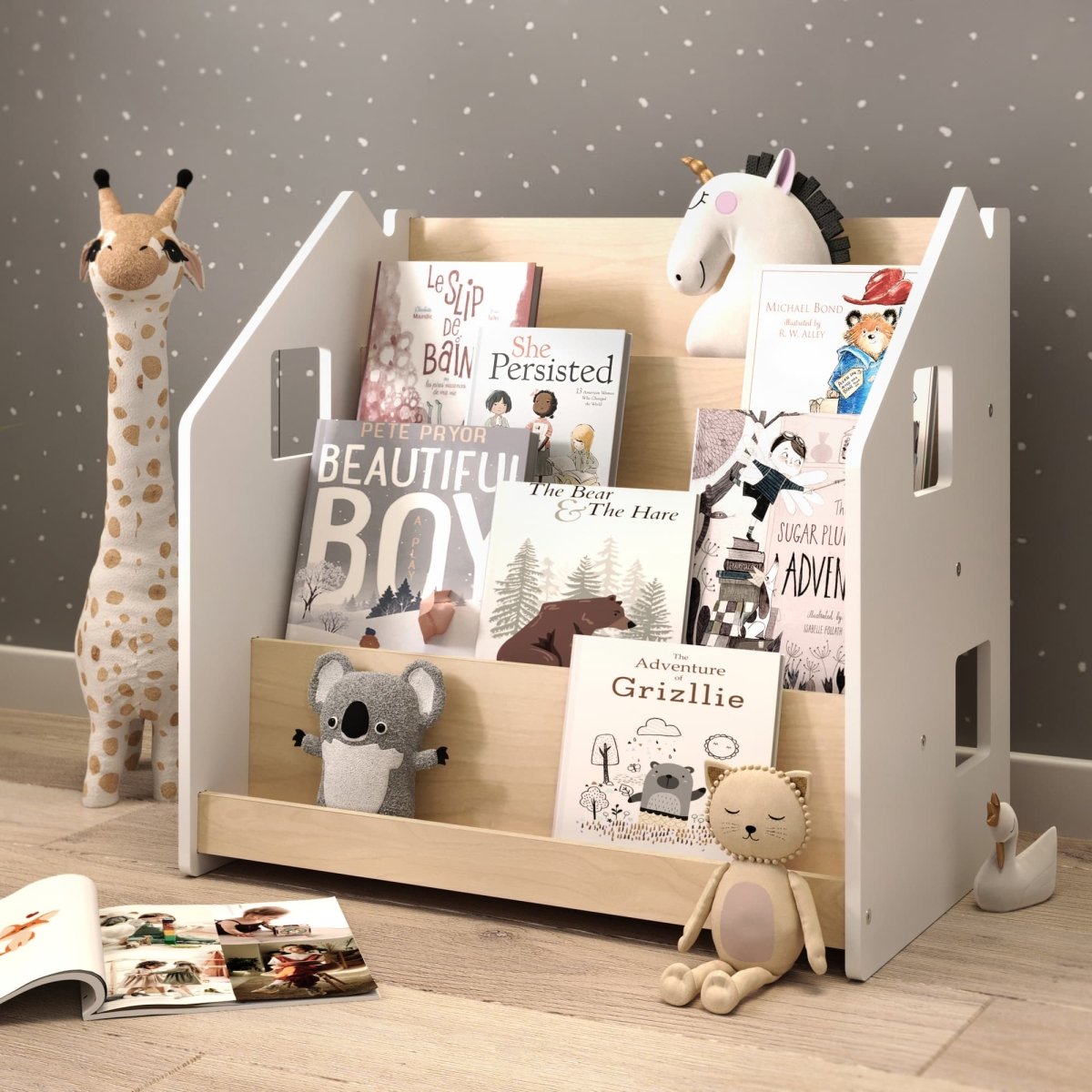 BusyKids Montessori-Bücherregal – Weiß und Grau