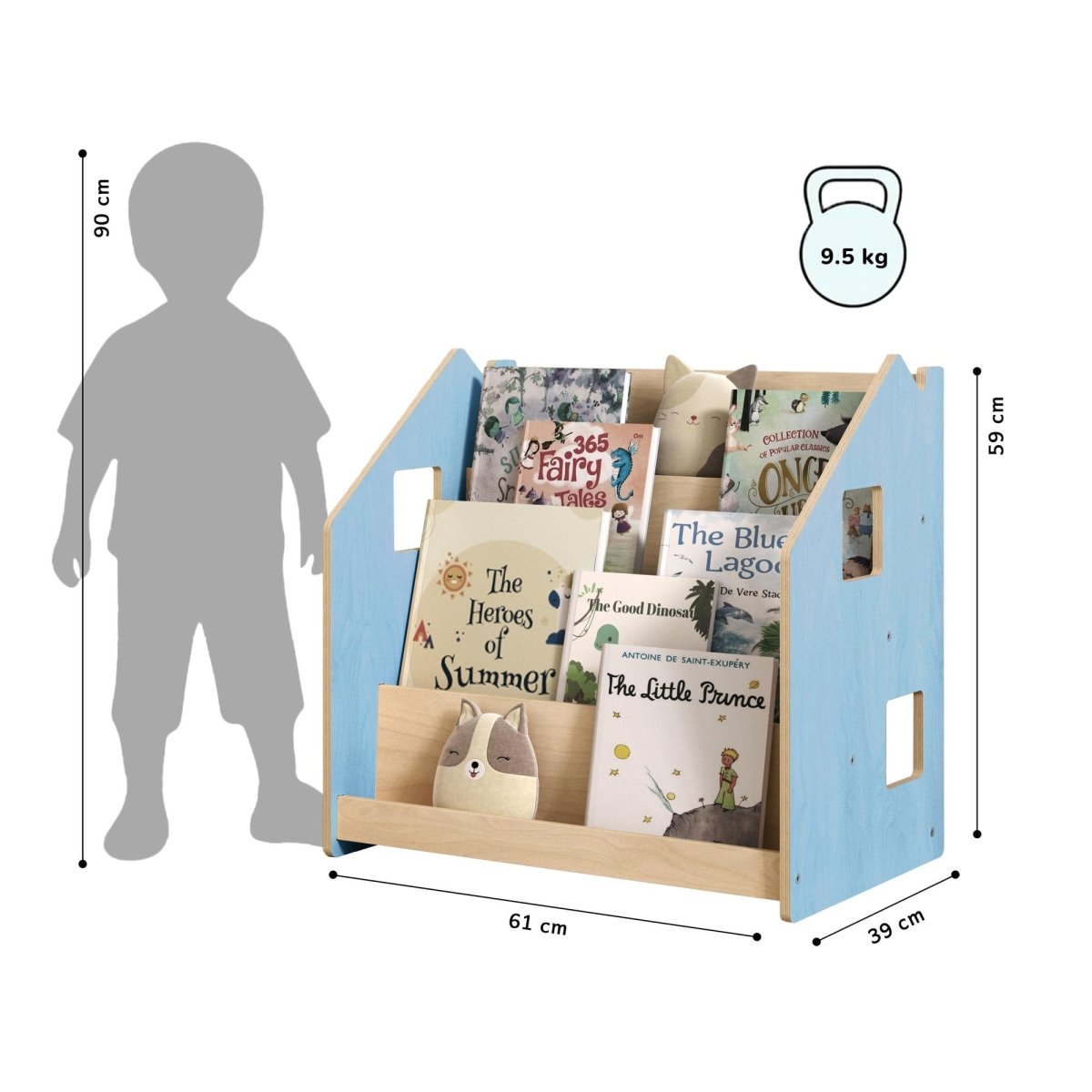 Maßbild BusyKids Montessori-Bücherregal – Zartblau/Rosa: 61 × 39 × 59 cm