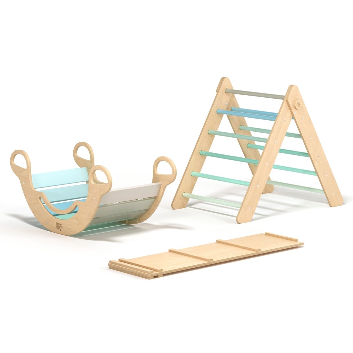 Pikler-Kletterset aus Holz mit Kletterdreieck, Brett und Balancewippe für Kinder von 1 bis 5 Jahren