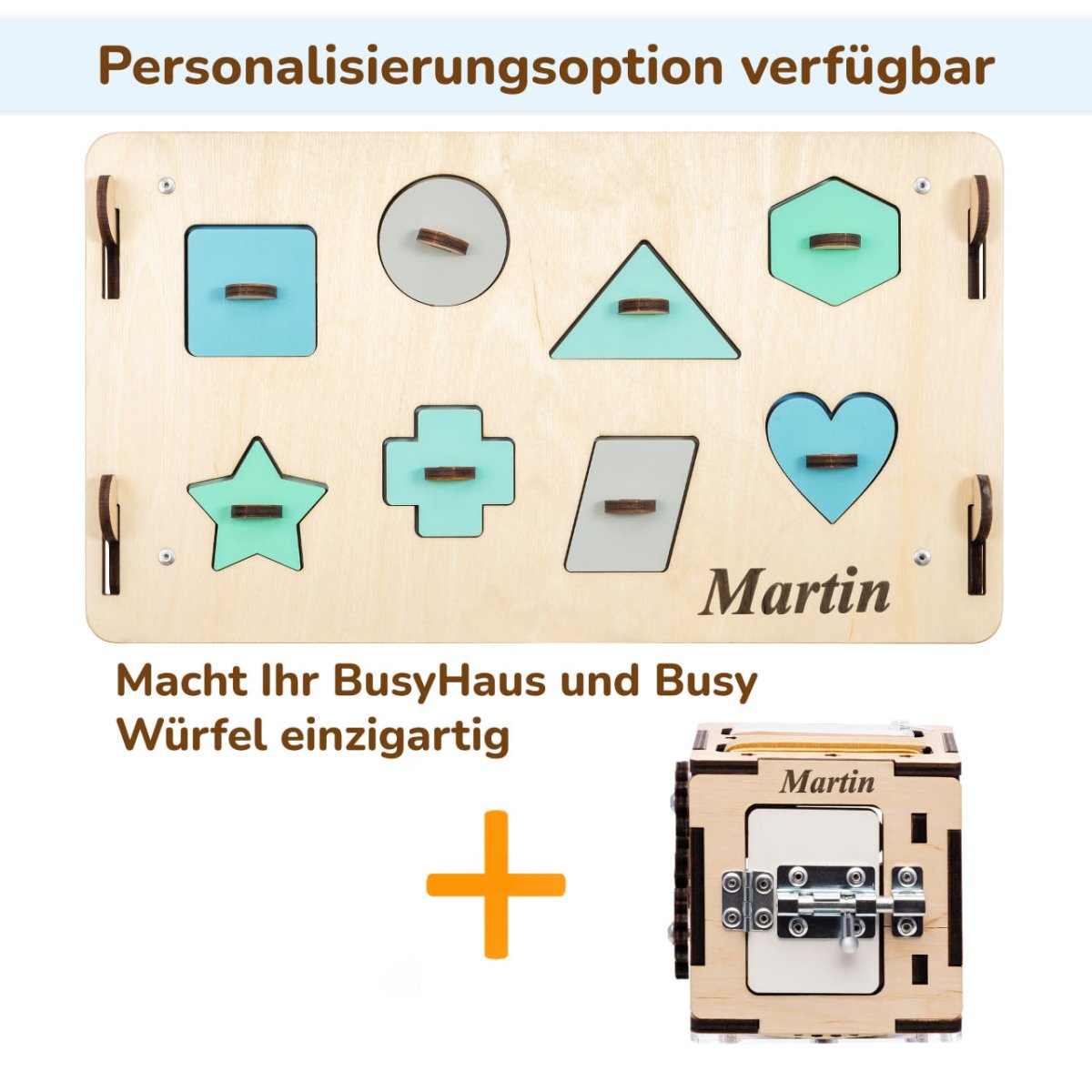 BusyKids set – Busy Board speelhuisje naturel/mint met creatieve kubus-Speelhuisje set