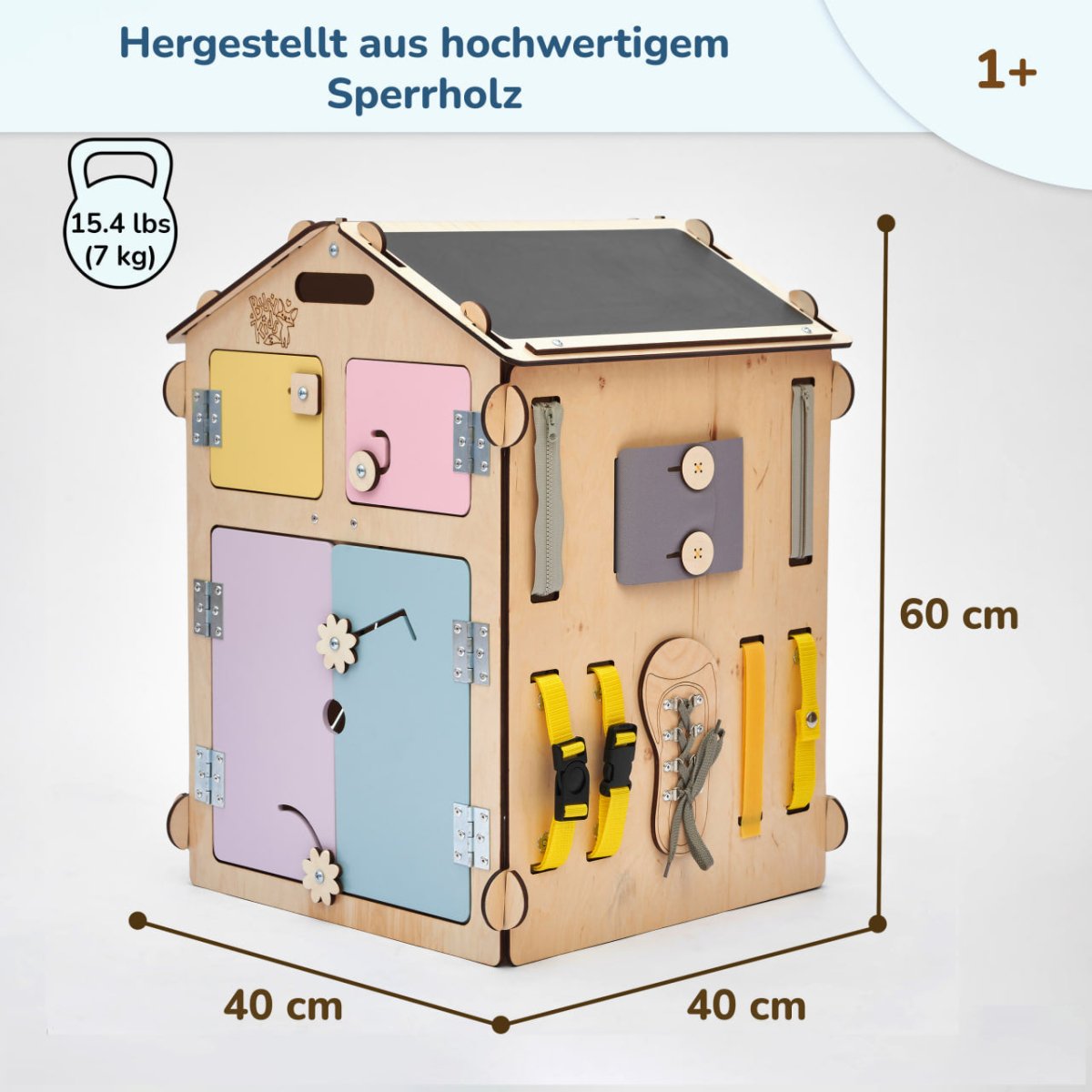BusyKids set – Busy Board speelhuisje naturel/pastel met creatieve kubus-Speelhuisje set