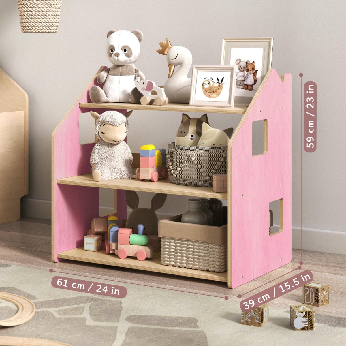 Maßbild BusyKids Spielzeugregal – Zartblau/Rosa: 61 × 39 × 59 cm