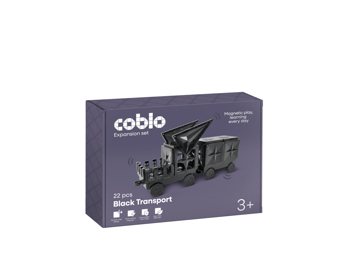 Coblo Magnetfliesen Schwarz – 22 Stück inkl. 2 Auto-Fahrgestellen, Verpackung