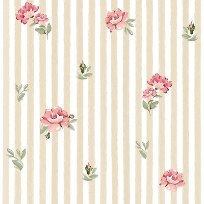 Dekornik Pink roses on stripes kinderbehang