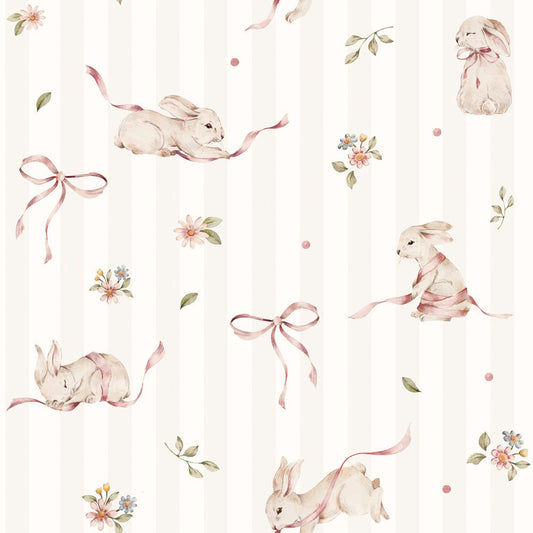 Pink Rabbits On Stripes Wallpaper - 